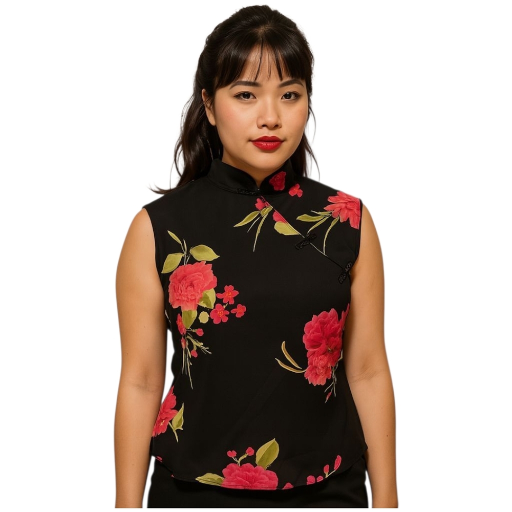 Studio Petite Black & Red Floral Asian Inspired Mandarin Collar Blouse Size 10P